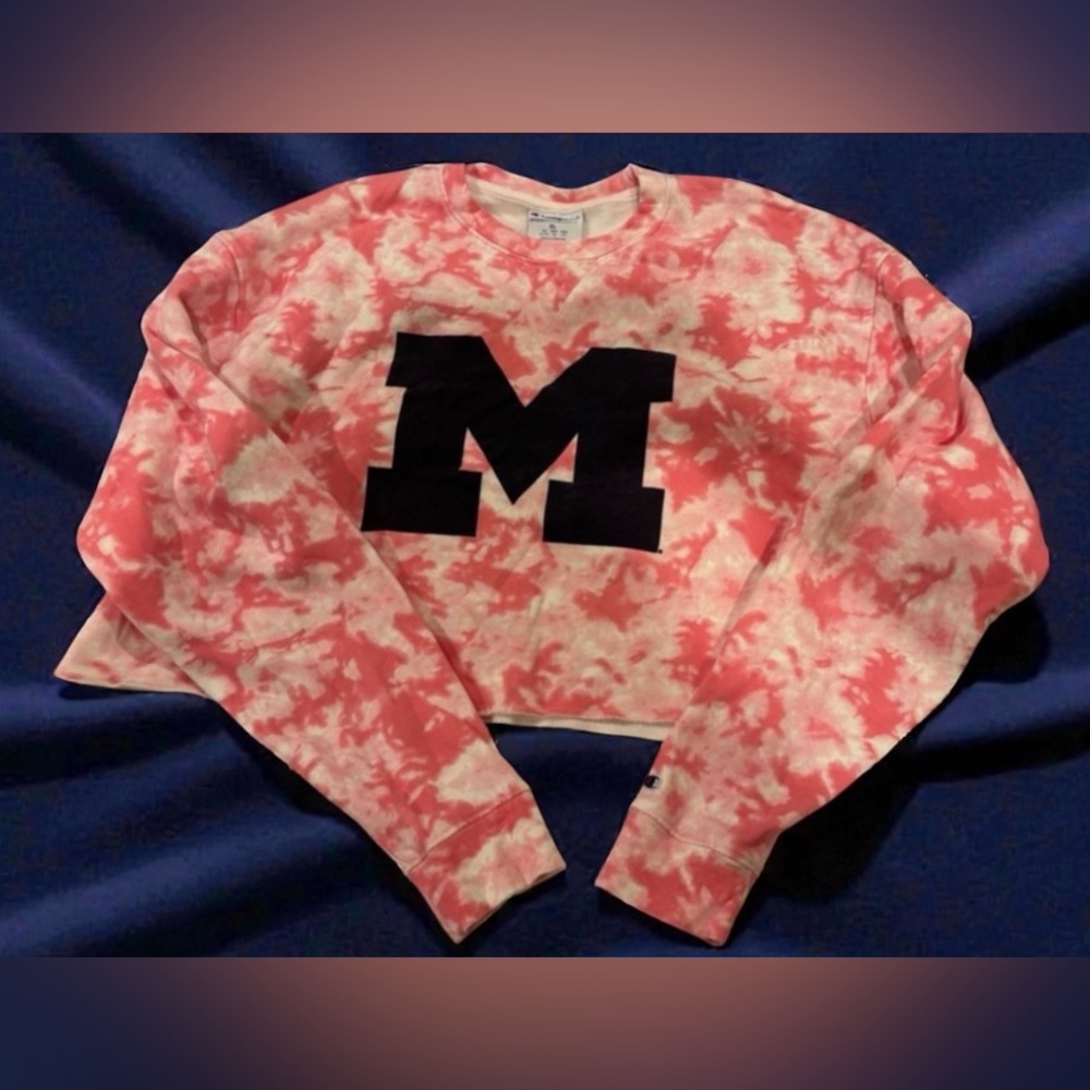 NWOT- Champion Pink Tie-Dye Sweatshirt with Black U of M Logo, crop top